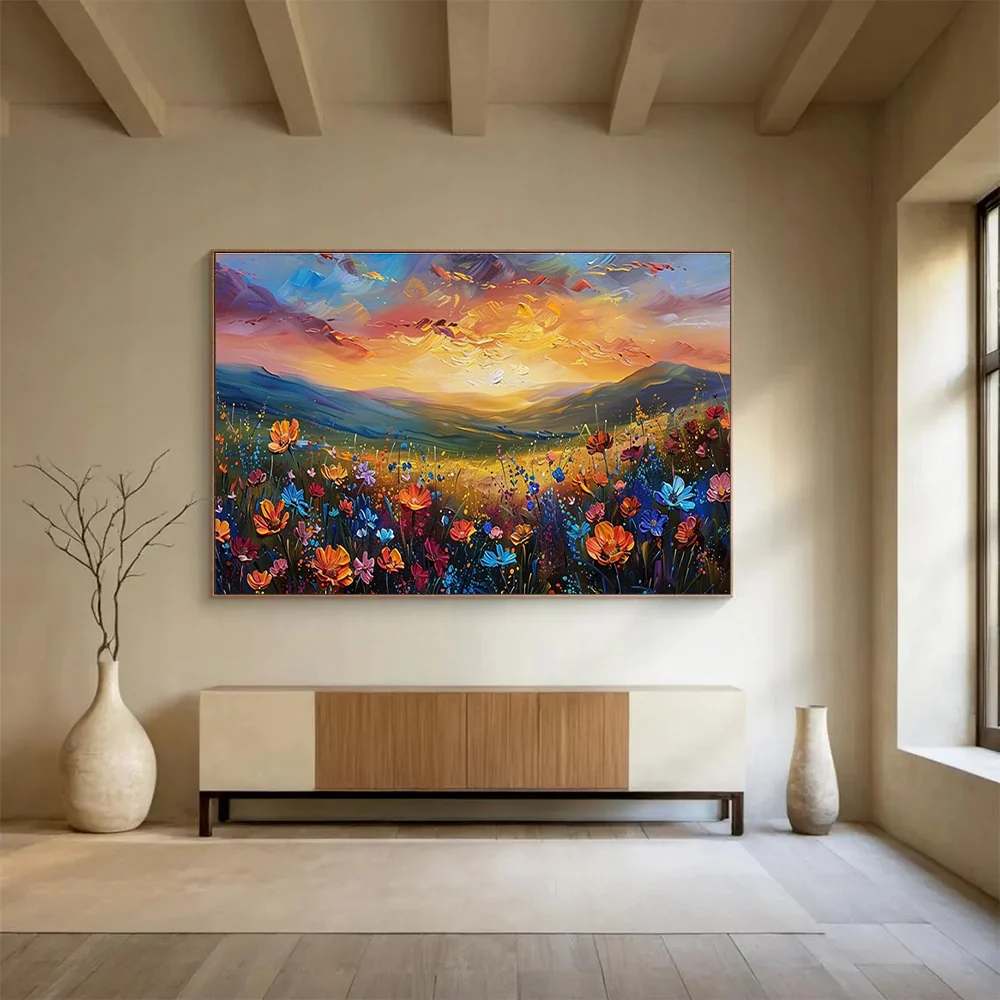 Sunset Hand-painted Flower Valley Flowers Canvas Wall Art 92RRX